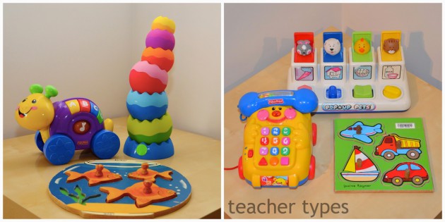 From L-R Fisher Price Musical Snail, Fish Puzzle, Tobbles, Fisher Price Phone, Pop-up toy, Transport Puzzle