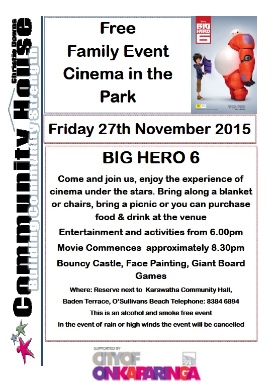 Flyer for Cinema in the park O'Sullivans Beach27Nov15