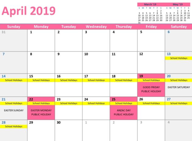 April 2019 Calendar holidays