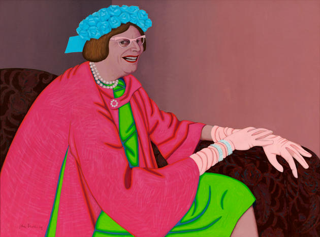 John Brack, Barry Humphries in the character of Mrs Everage, 1969, oil on canvas, 94.5 x 128.2 cm; Art Gallery of New South Wales, purchased with funds provided by the Contemporary Art Purchase Grant from the Visual Arts Board of the Australia Council, 1975, © Helen Brack.